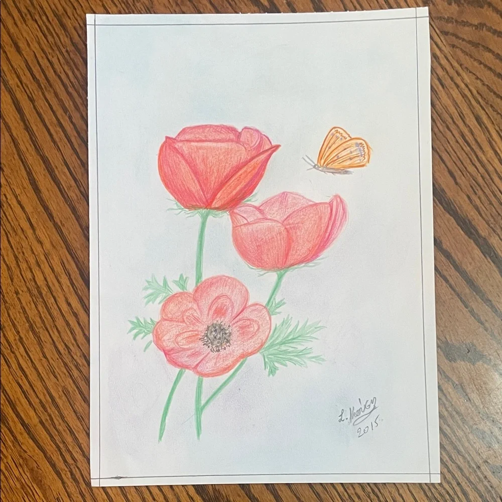 Original Floral and Butterfly Art Signed by Artist L Kousy 2015 - Picture 5 of 7